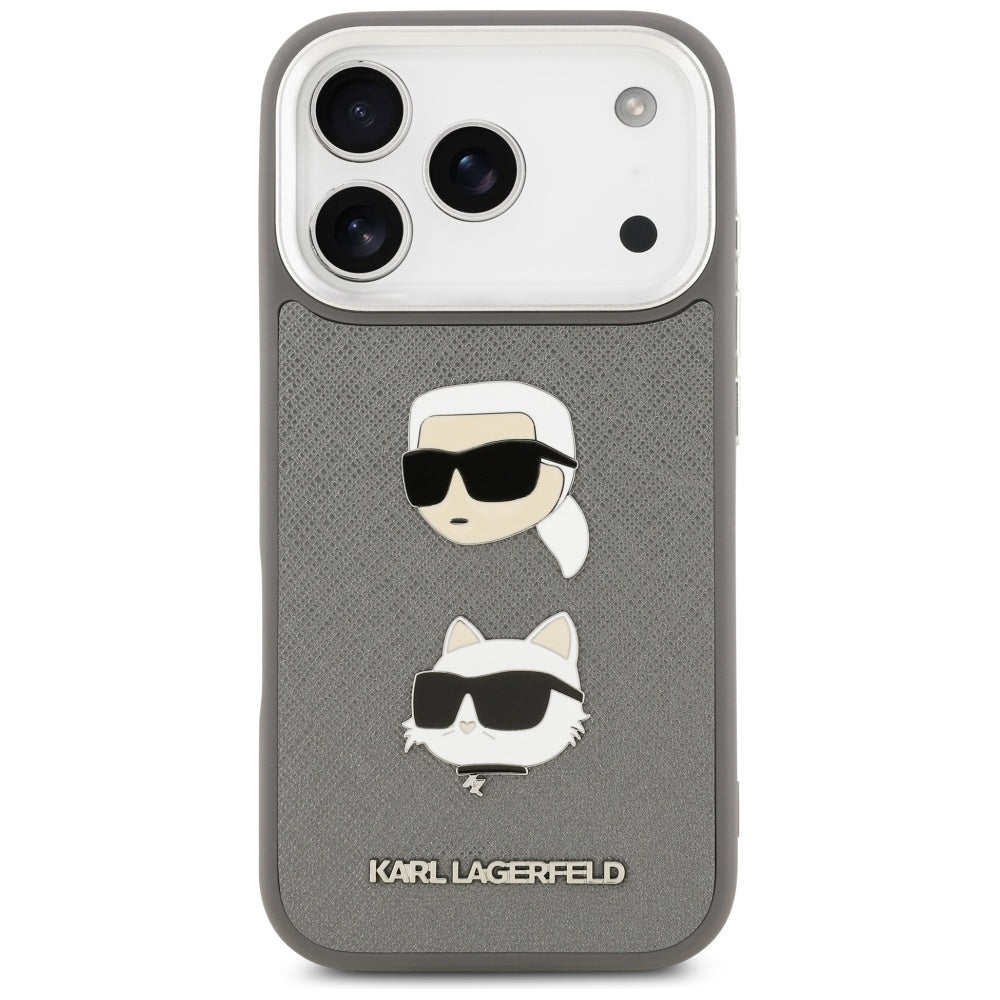 Kotelo Apple iPhone 17 Prolle, Karl Lagerfeld, Grained Karl & Choupette's Heads Pins and Logo, Harmaa