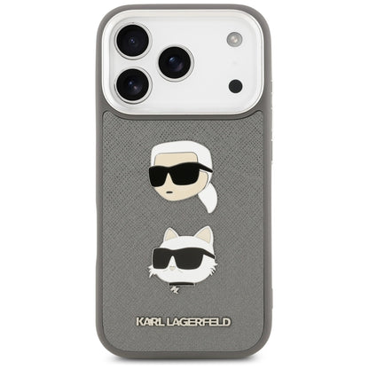Kotelo Apple iPhone 17 Prolle, Karl Lagerfeld, Grained Karl & Choupette's Heads Pins and Logo, Harmaa