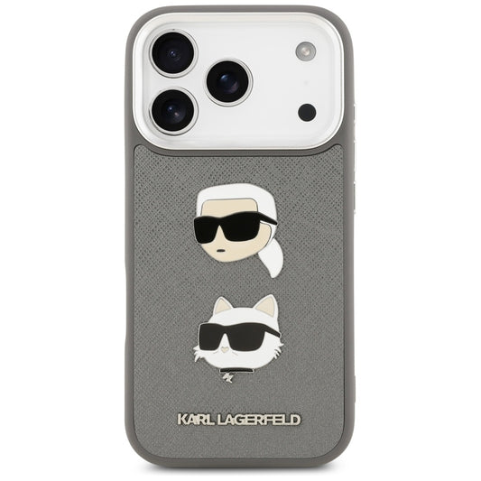 Kotelo Apple iPhone 17 Prolle, Karl Lagerfeld, Grained Karl & Choupette's Heads Pins and Logo, Harmaa