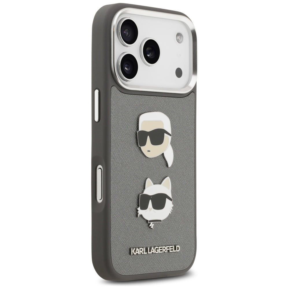 Kotelo Apple iPhone 17 Prolle, Karl Lagerfeld, Grained Karl & Choupette's Heads Pins and Logo, Harmaa
