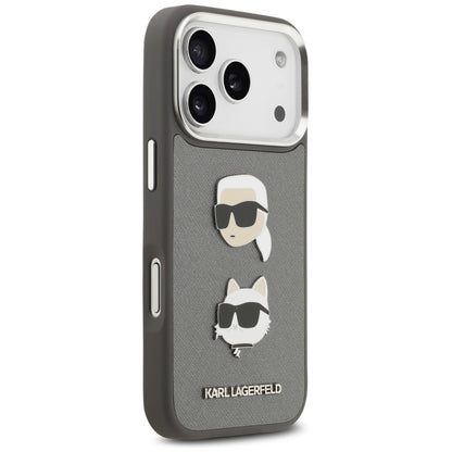 Kotelo Apple iPhone 17 Prolle, Karl Lagerfeld, Grained Karl & Choupette's Heads Pins and Logo, Harmaa