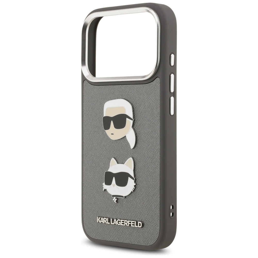 Kotelo Apple iPhone 17 Prolle, Karl Lagerfeld, Grained Karl & Choupette's Heads Pins and Logo, Harmaa