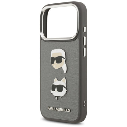 Kotelo Apple iPhone 17 Prolle, Karl Lagerfeld, Grained Karl & Choupette's Heads Pins and Logo, Harmaa