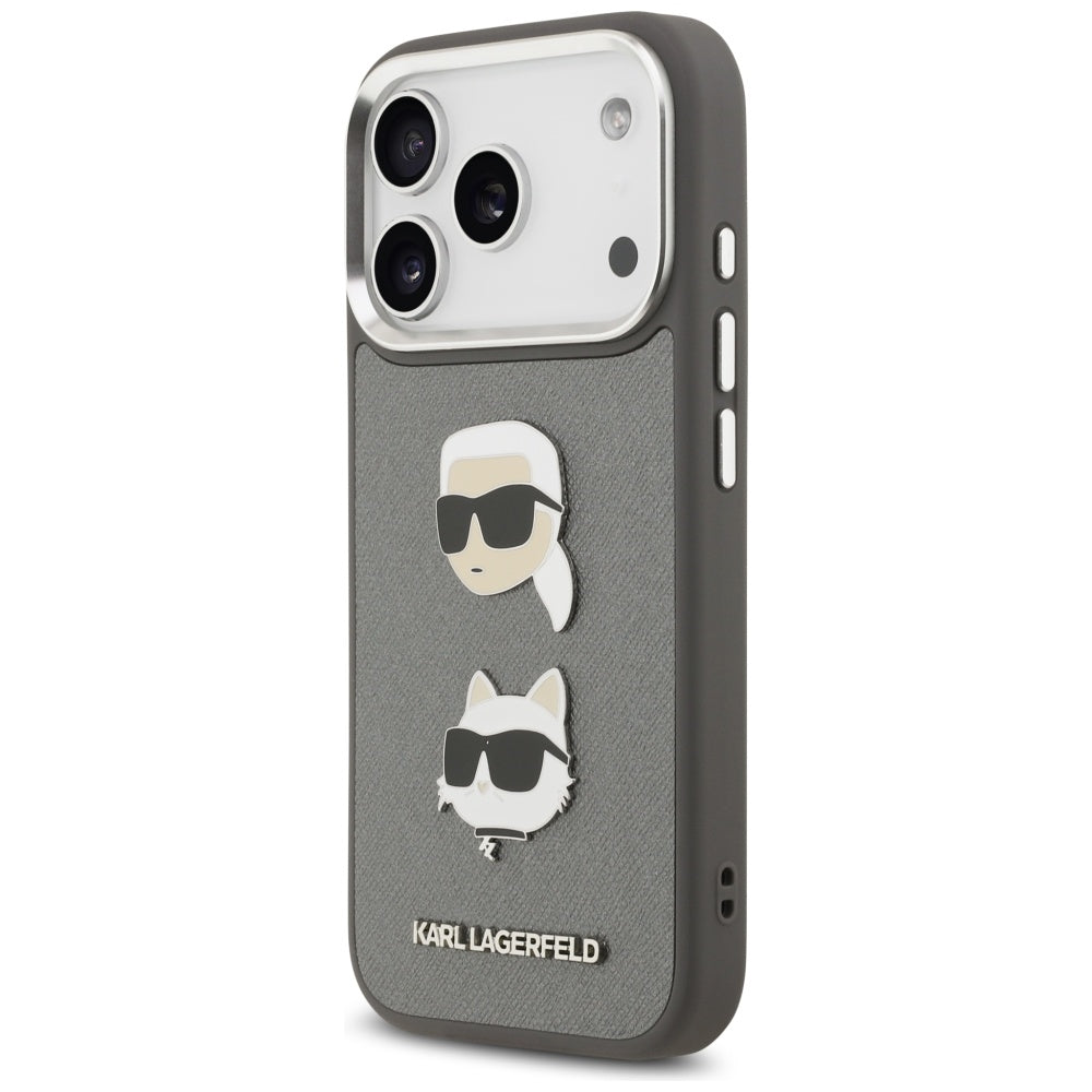 Kotelo Apple iPhone 17 Prolle, Karl Lagerfeld, Grained Karl & Choupette's Heads Pins and Logo, Harmaa