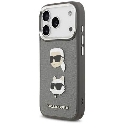 Kotelo Apple iPhone 17 Prolle, Karl Lagerfeld, Grained Karl & Choupette's Heads Pins and Logo, Harmaa