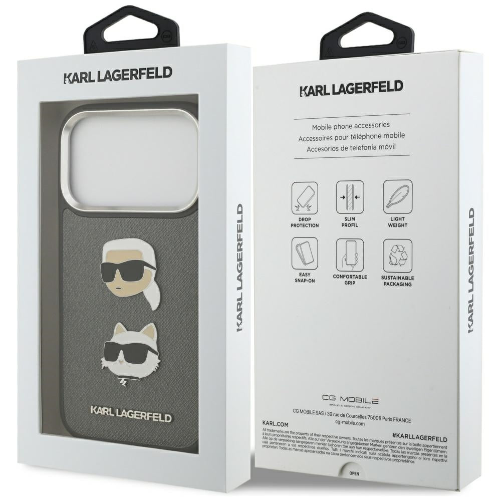 Kotelo Apple iPhone 17 Prolle, Karl Lagerfeld, Grained Karl & Choupette's Heads Pins and Logo, Harmaa