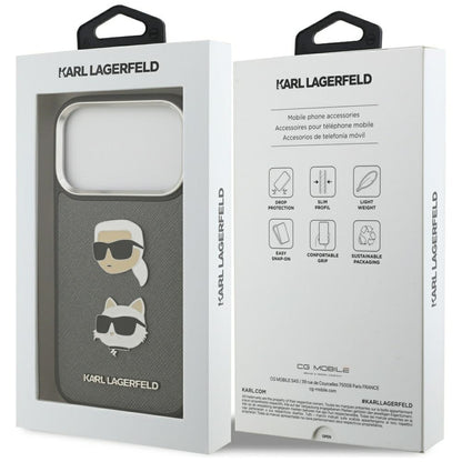 Kotelo Apple iPhone 17 Prolle, Karl Lagerfeld, Grained Karl & Choupette's Heads Pins and Logo, Harmaa