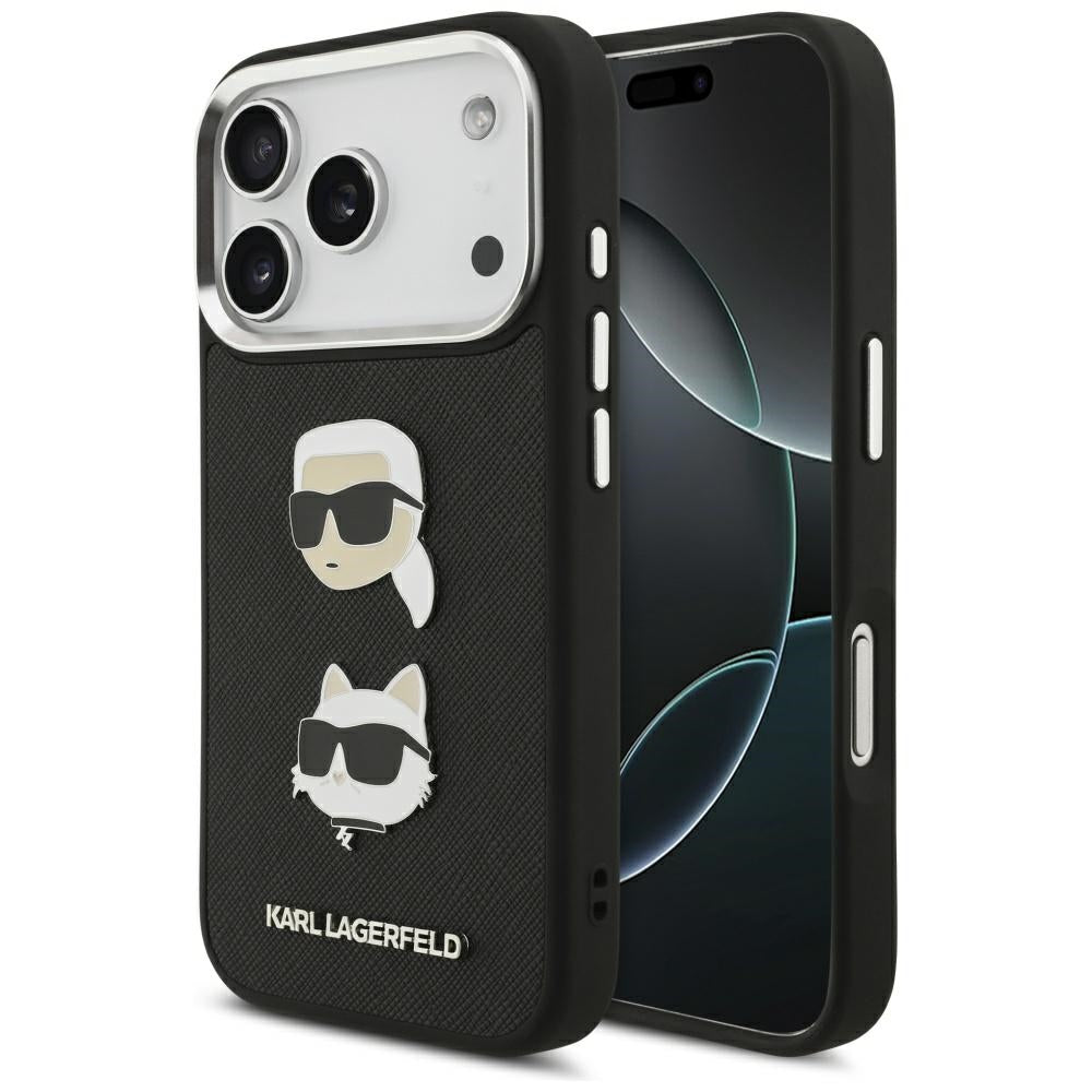 Kotelo Apple iPhone 17 Prolle, Karl Lagerfeld, Grained Karl & Choupette's Heads Pins and Logo, Musta