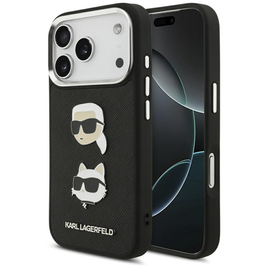 Kotelo Apple iPhone 17 Prolle, Karl Lagerfeld, Grained Karl & Choupette's Heads Pins and Logo, Musta