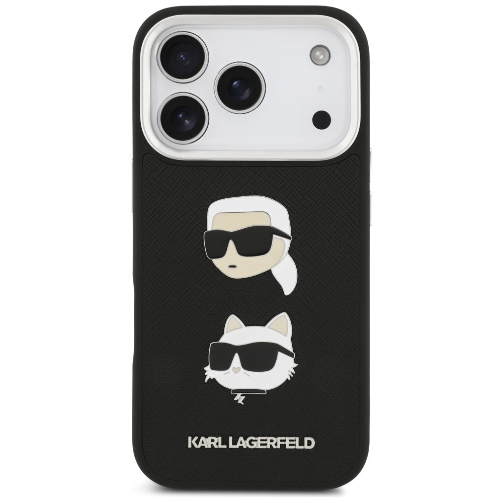Kotelo Apple iPhone 17 Prolle, Karl Lagerfeld, Grained Karl & Choupette's Heads Pins and Logo, Musta