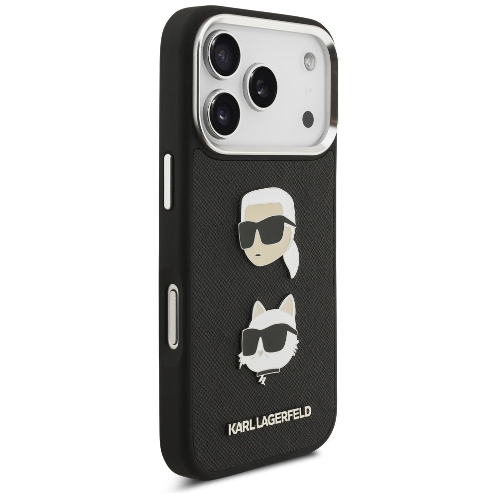 Kotelo Apple iPhone 17 Prolle, Karl Lagerfeld, Grained Karl & Choupette's Heads Pins and Logo, Musta