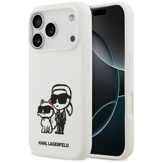 Kotelo Apple iPhone 17 Prolle, Karl Lagerfeld, Sketch and Logo Karl & Choupette, Valkoinen