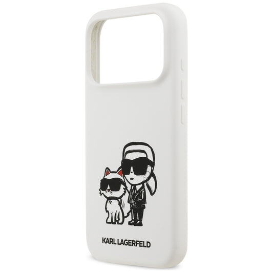 Kotelo Apple iPhone 17 Prolle, Karl Lagerfeld, Sketch and Logo Karl & Choupette, Valkoinen