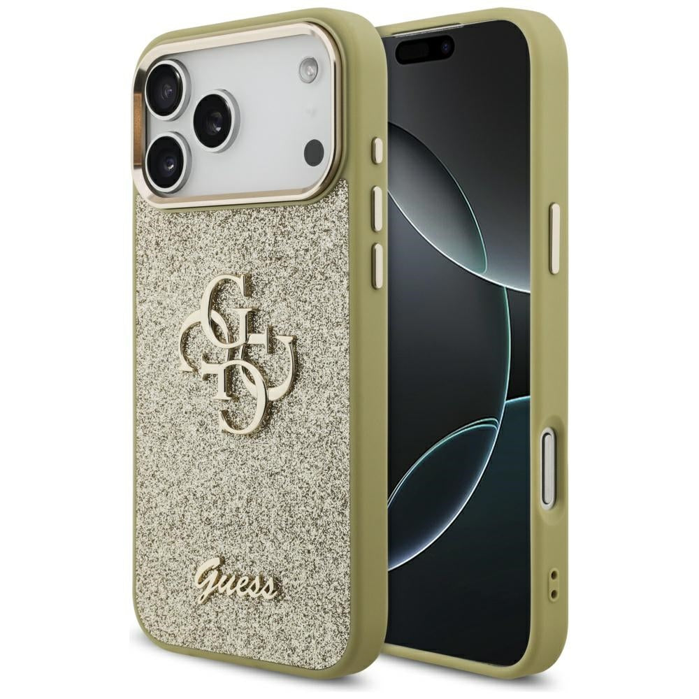 Suojakotelo Apple iPhone 17 Pro Max, Guess, Fixed Glitter Big 4G Metal Frame, Kultainen
