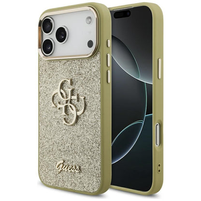Suojakotelo Apple iPhone 17 Pro Max, Guess, Fixed Glitter Big 4G Metal Frame, Kultainen