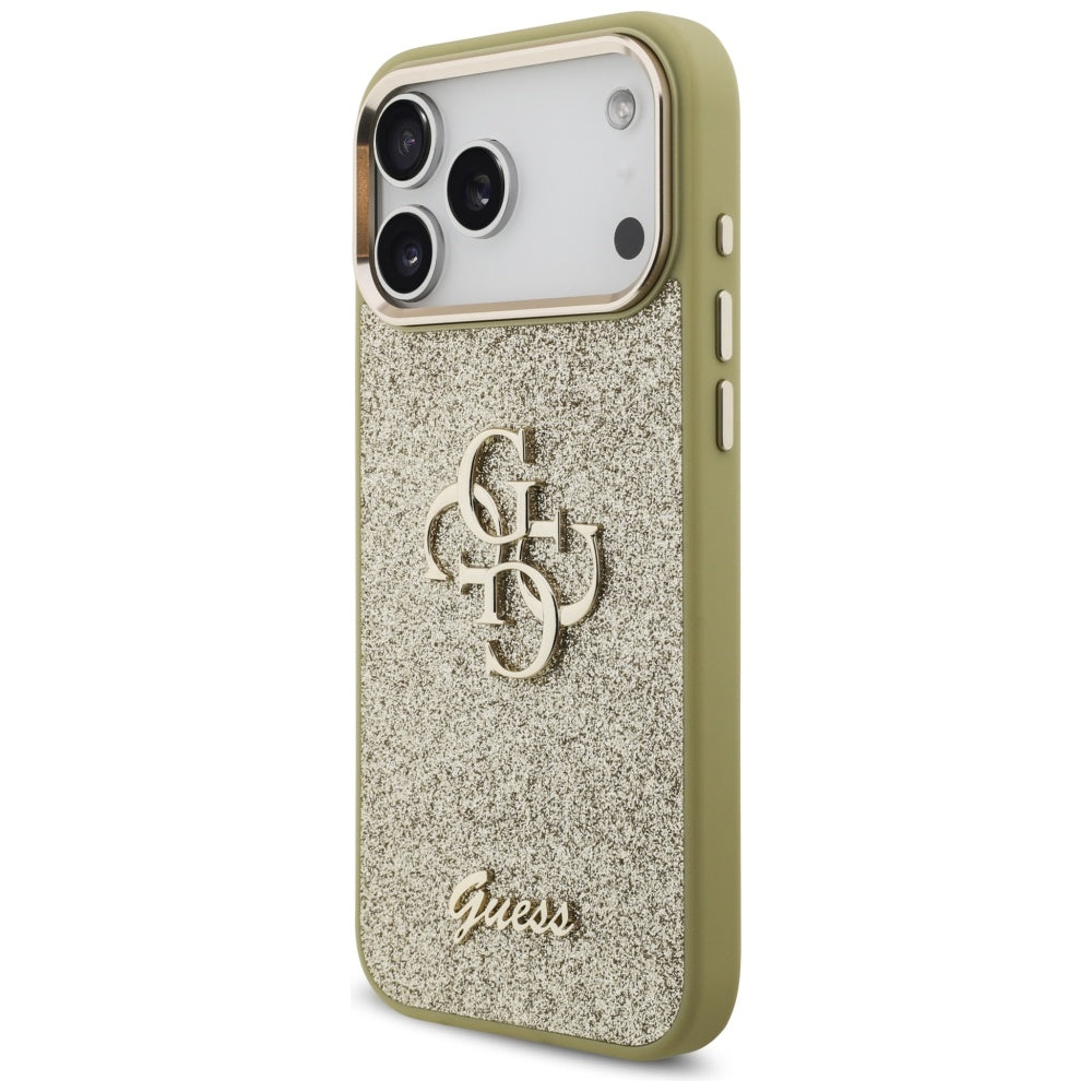 Suojakotelo Apple iPhone 17 Pro Max, Guess, Fixed Glitter Big 4G Metal Frame, Kultainen