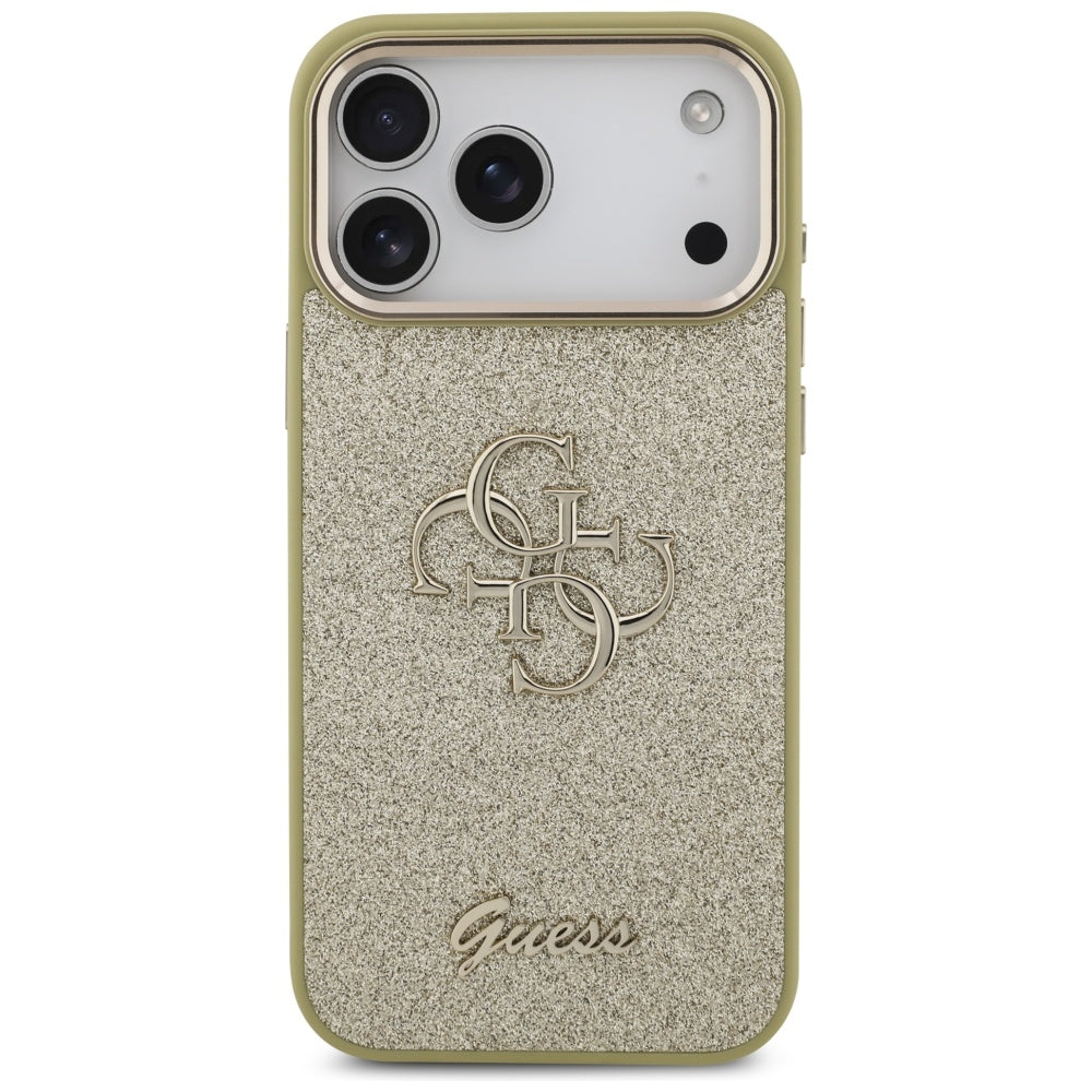 Suojakotelo Apple iPhone 17 Pro Max, Guess, Fixed Glitter Big 4G Metal Frame, Kultainen