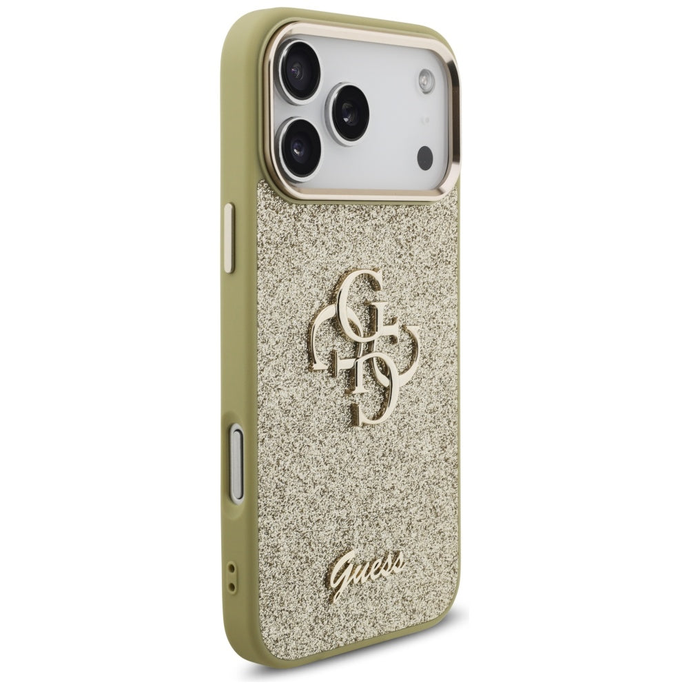 Suojakotelo Apple iPhone 17 Pro Max, Guess, Fixed Glitter Big 4G Metal Frame, Kultainen