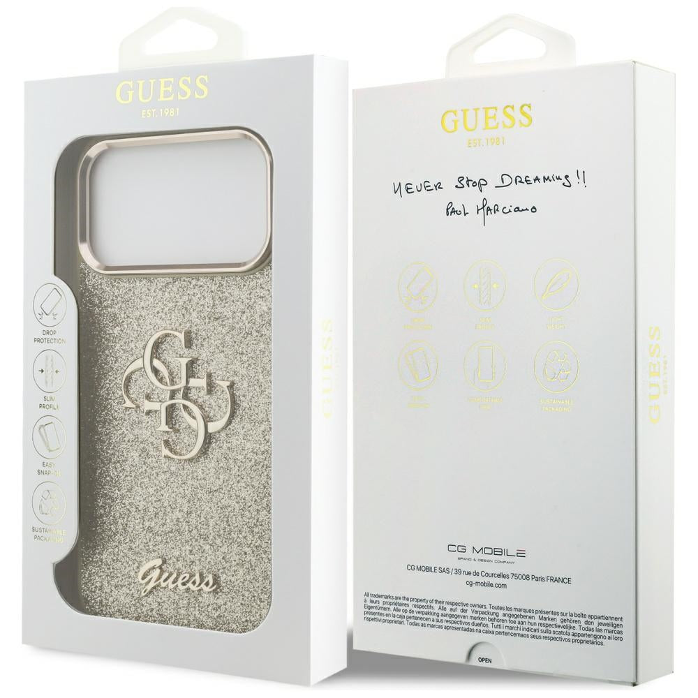 Suojakotelo Apple iPhone 17 Pro Max, Guess, Fixed Glitter Big 4G Metal Frame, Kultainen