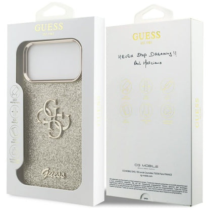 Suojakotelo Apple iPhone 17 Pro Max, Guess, Fixed Glitter Big 4G Metal Frame, Kultainen