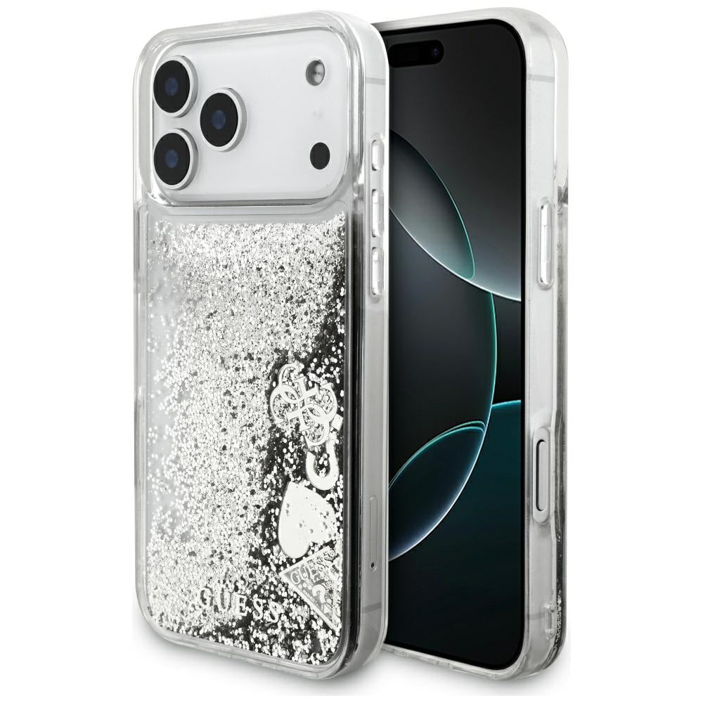 Kotelo Apple iPhone 17 Pro Max:lle, Guess, Liquid Glitter Charms, Hopeanvärinen