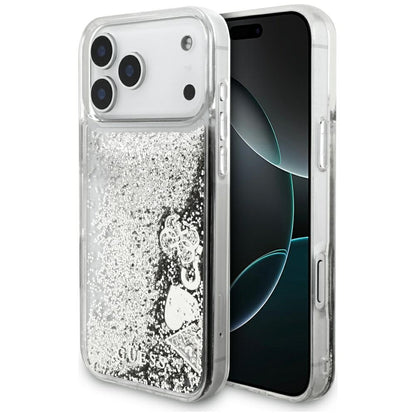 Kotelo Apple iPhone 17 Pro Max:lle, Guess, Liquid Glitter Charms, Hopeanvärinen