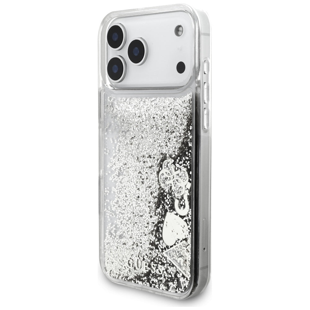 Kotelo Apple iPhone 17 Pro Max:lle, Guess, Liquid Glitter Charms, Hopeanvärinen