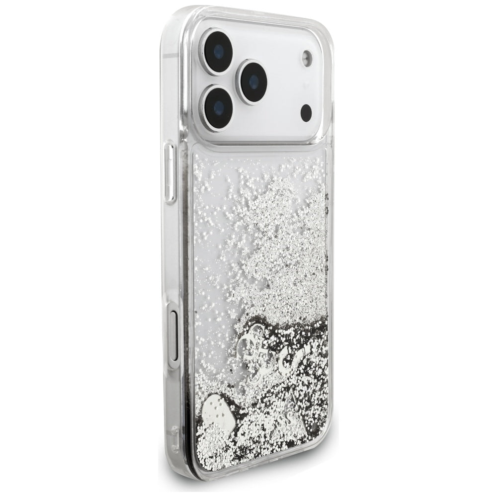 Kotelo Apple iPhone 17 Pro Max:lle, Guess, Liquid Glitter Charms, Hopeanvärinen