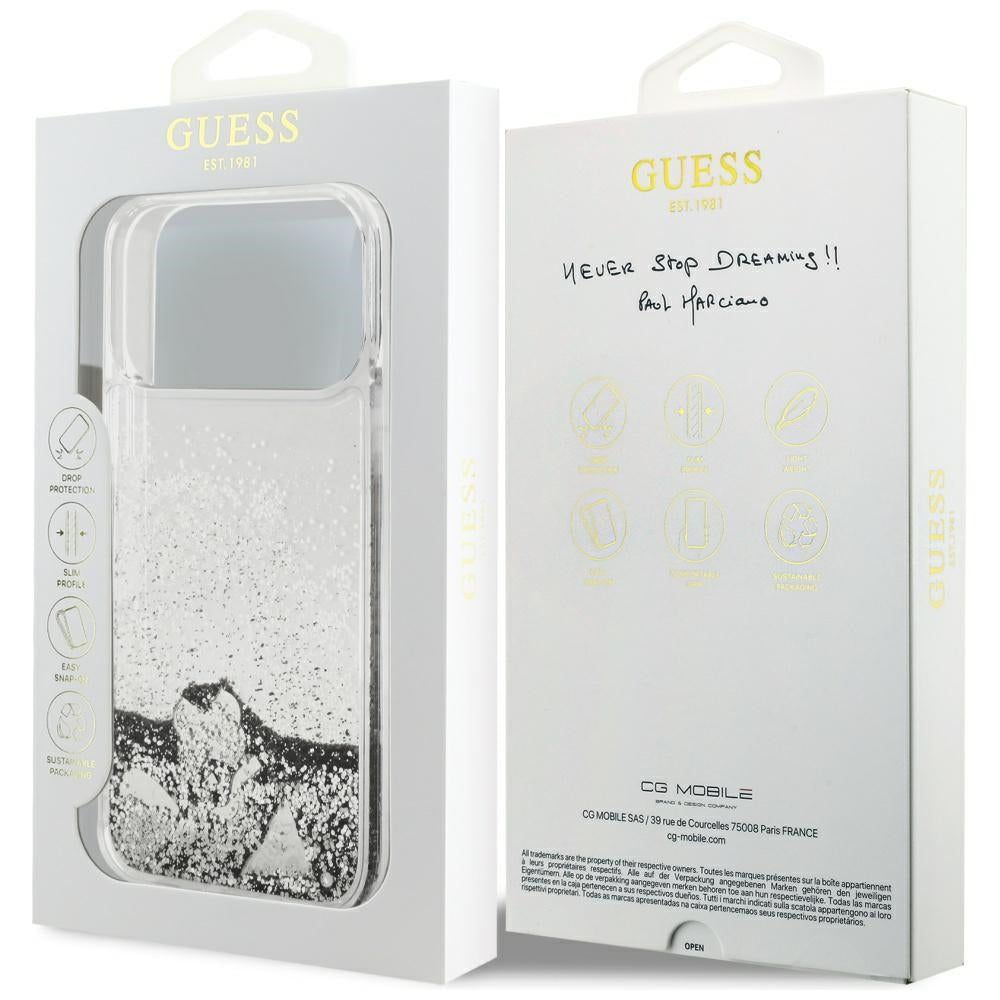 Kotelo Apple iPhone 17 Pro Max:lle, Guess, Liquid Glitter Charms, Hopeanvärinen