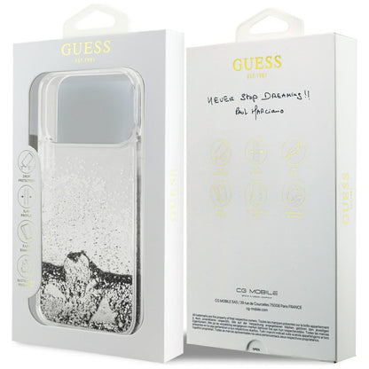 Kotelo Apple iPhone 17 Pro Max:lle, Guess, Liquid Glitter Charms, Hopeanvärinen