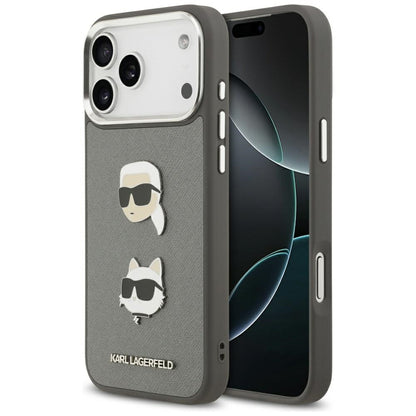 Kotelo Apple iPhone 17 Pro Max:lle, Karl Lagerfeld, Grained Karl & Choupette's Heads Pins and Logo, Harmaa