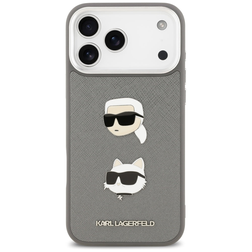 Kotelo Apple iPhone 17 Pro Max:lle, Karl Lagerfeld, Grained Karl & Choupette's Heads Pins and Logo, Harmaa