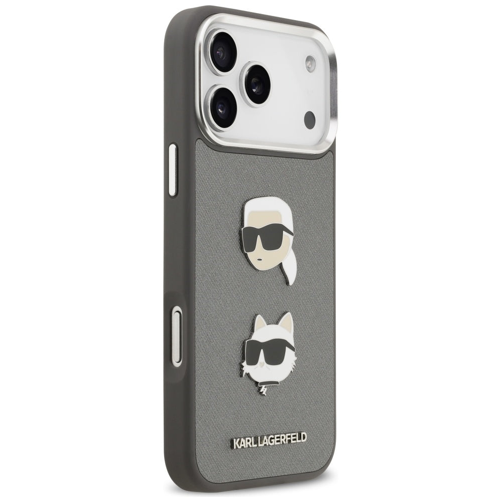 Kotelo Apple iPhone 17 Pro Max:lle, Karl Lagerfeld, Grained Karl & Choupette's Heads Pins and Logo, Harmaa