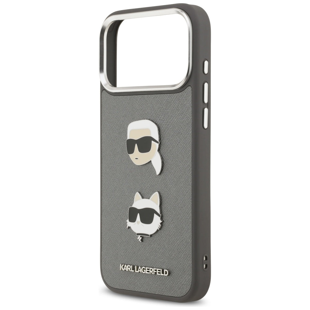 Kotelo Apple iPhone 17 Pro Max:lle, Karl Lagerfeld, Grained Karl & Choupette's Heads Pins and Logo, Harmaa