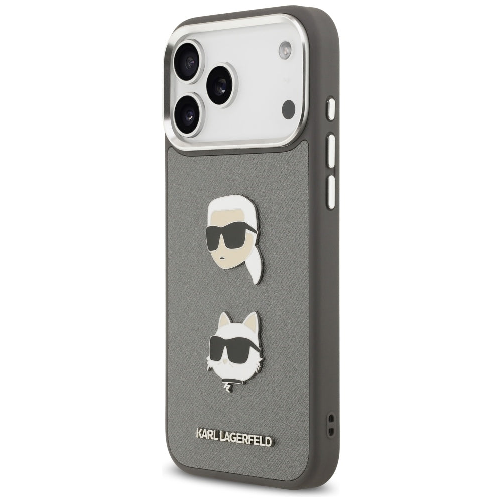 Kotelo Apple iPhone 17 Pro Max:lle, Karl Lagerfeld, Grained Karl & Choupette's Heads Pins and Logo, Harmaa