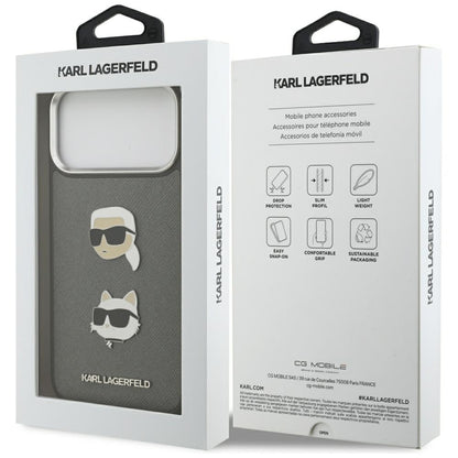 Kotelo Apple iPhone 17 Pro Max:lle, Karl Lagerfeld, Grained Karl & Choupette's Heads Pins and Logo, Harmaa