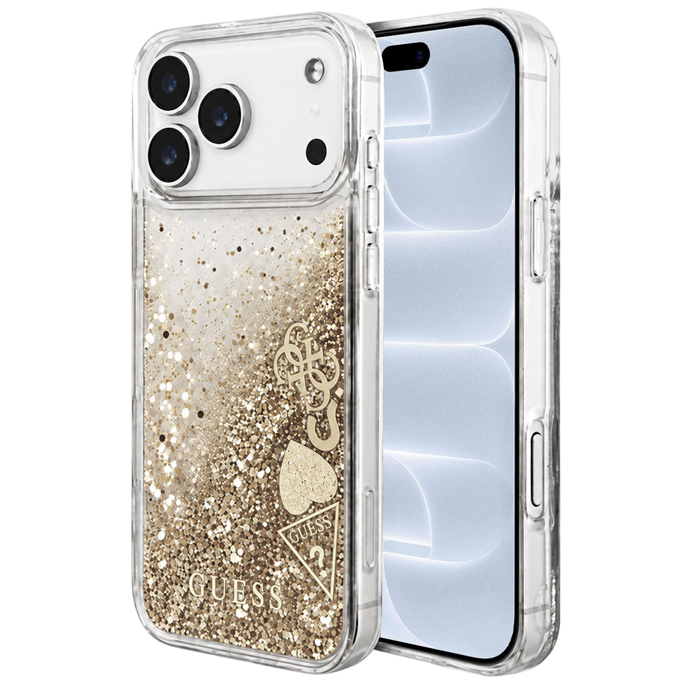 Suojakuori Apple iPhone 18 Pro / 17 Pro -puhelimelle, Guess Liquid Glitter Charms, kultainen