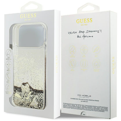 Suojakuori Apple iPhone 18 Pro / 17 Pro -puhelimelle, Guess Liquid Glitter Charms, kultainen