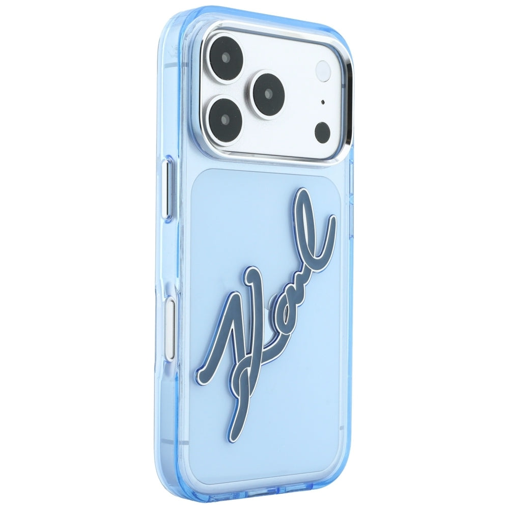 Kuori Apple iPhone 18 Pro / 17 Pro:lle, Karl Lagerfeld, IML Big Signature Resin Logo ja Metallikehys, Sininen