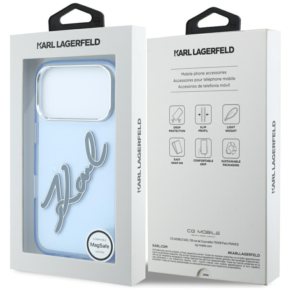 Kuori Apple iPhone 18 Pro / 17 Pro:lle, Karl Lagerfeld, IML Big Signature Resin Logo ja Metallikehys, Sininen