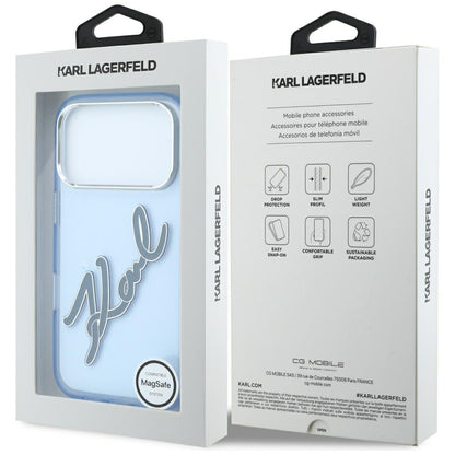 Kuori Apple iPhone 18 Pro / 17 Pro:lle, Karl Lagerfeld, IML Big Signature Resin Logo ja Metallikehys, Sininen