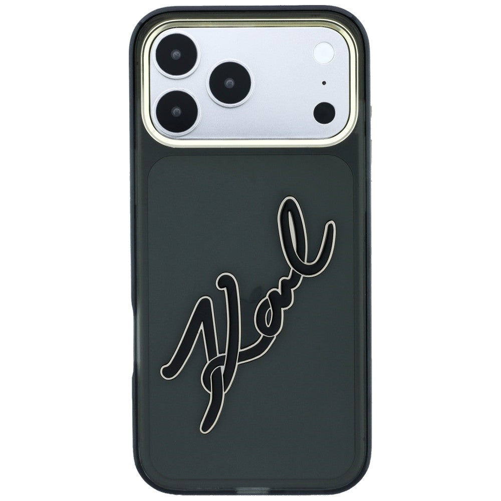 Kuori Apple iPhone 18 Pro / 17 Pro:lle, Karl Lagerfeld, IML Big Signature Resin Logo ja Metallikehys, Musta
