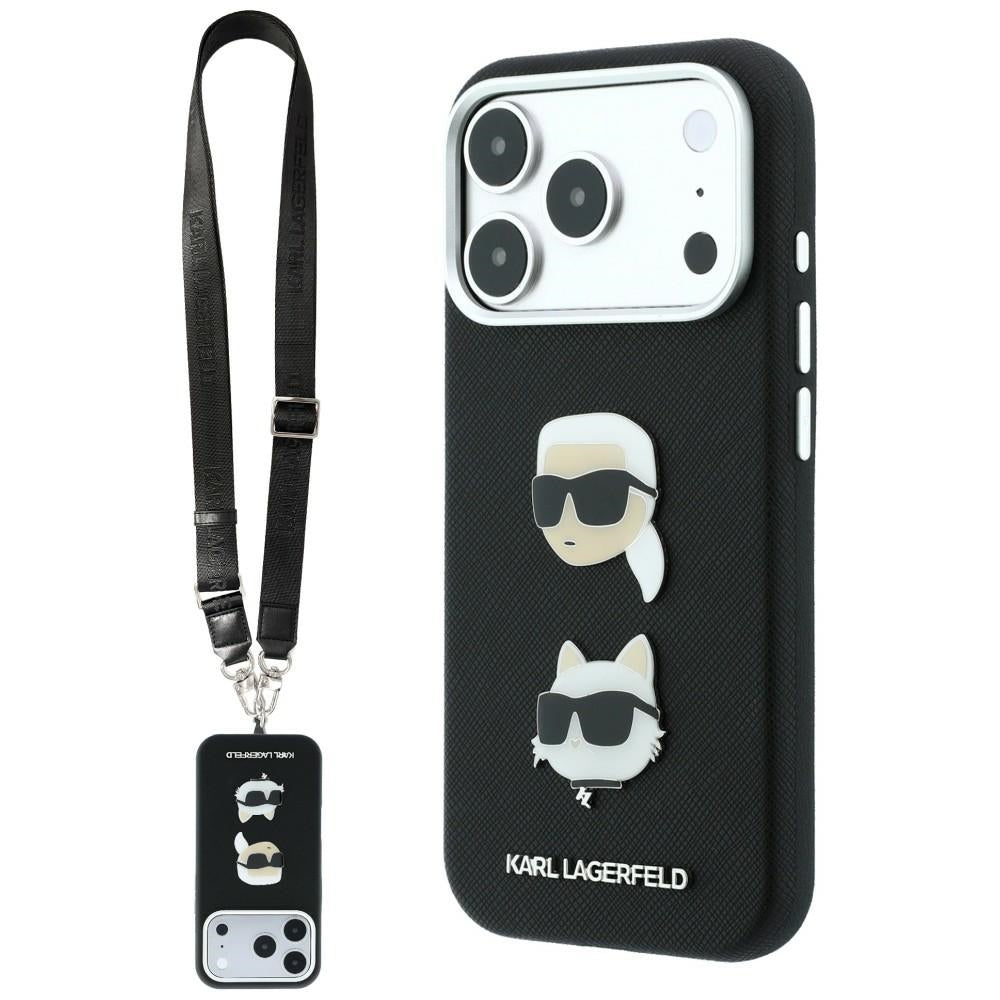 Case for Apple iPhone 18 Pro / 17 Pro, Karl Lagerfeld, Saffiano Crossbody Karl & Choupette Head's Pins Logo, Black