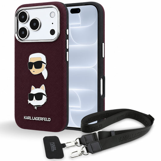Suojakuori Apple iPhone 18 Pro / 17 Pro -puhelimelle, Karl Lagerfeld, Saffiano Crossbody Karl & Choupette Head's Pins -logo, viininpunainen