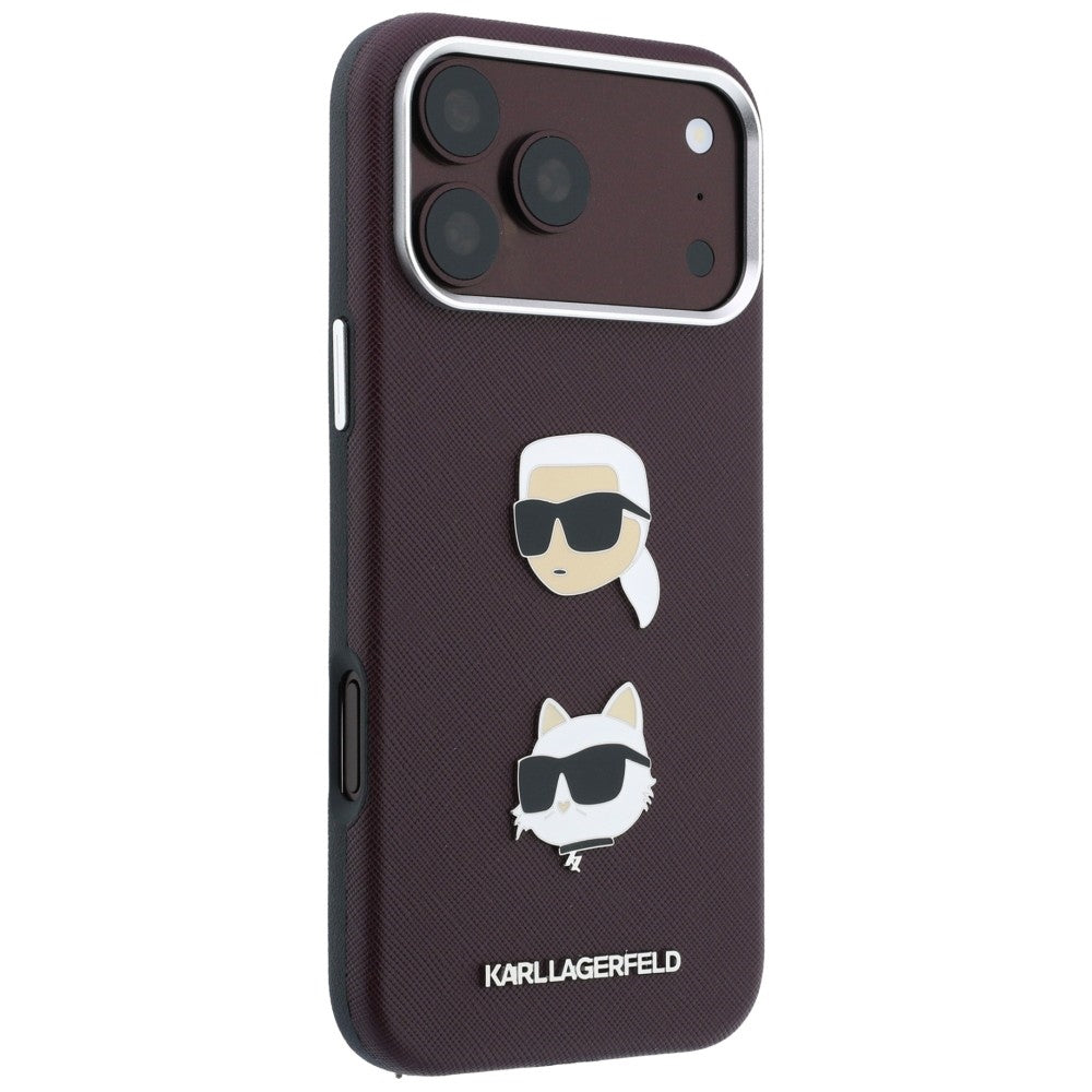 Case for Apple iPhone 18 Pro / 17 Pro, Karl Lagerfeld, Saffiano Crossbody Karl & Choupette Head's Pins Logo, Burgundy