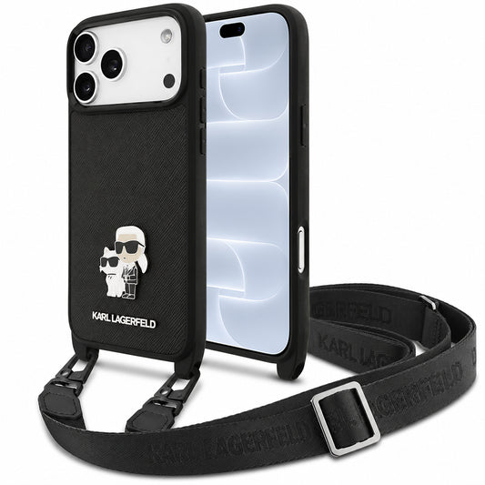 Suojakuori Apple iPhone 18 Pro / 17 Pro -puhelimelle, Karl Lagerfeld, Saffiano Crossbody Metal Pin Karl & Choupette, musta