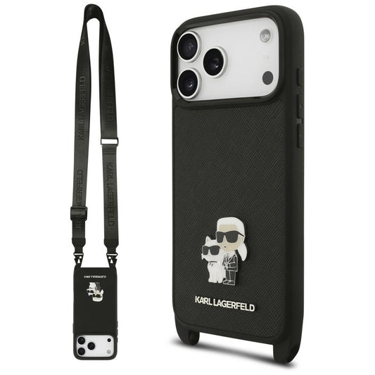 Suojakuori Apple iPhone 18 Pro / 17 Pro -puhelimelle, Karl Lagerfeld, Saffiano Crossbody Metal Pin Karl & Choupette, musta