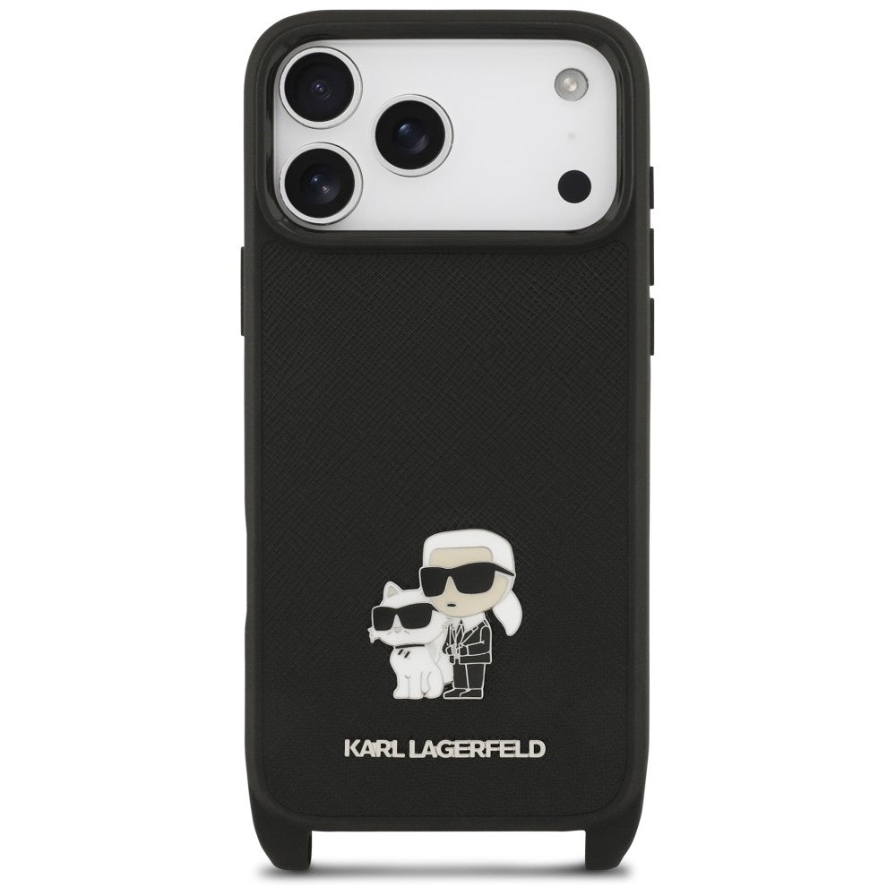 Case for Apple iPhone 18 Pro / 17 Pro, Karl Lagerfeld, Saffiano Crossbody Metal Pin Karl & Choupette, Black