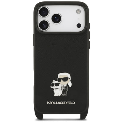 Case for Apple iPhone 18 Pro / 17 Pro, Karl Lagerfeld, Saffiano Crossbody Metal Pin Karl & Choupette, Black