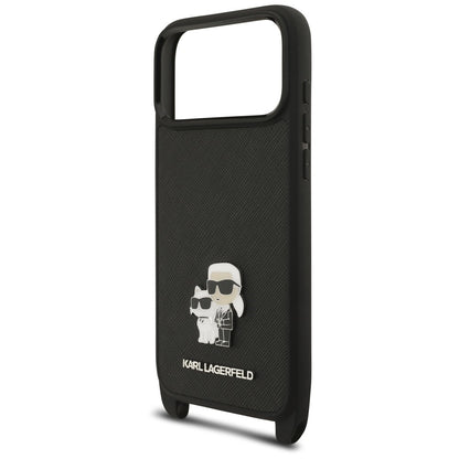 Case for Apple iPhone 18 Pro / 17 Pro, Karl Lagerfeld, Saffiano Crossbody Metal Pin Karl & Choupette, Black